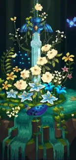 Pixel art of an enchanted sword surrounded by flowers in a mystical forest.