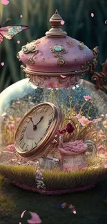 Fantasy teapot with clock and butterfly in garden.