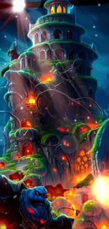 Enchanting tower with glowing lights in a fantasy landscape art illustration.