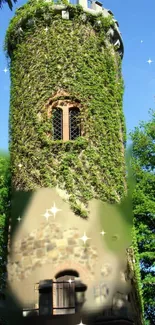 Ivy-clad medieval tower amidst lush greenery and blue sky.