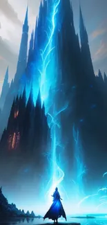 Stunning fantasy wallpaper with a blue lightning tower.