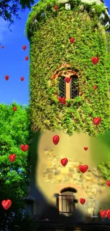 Enchanted tower with ivy and hearts under a bright blue sky.