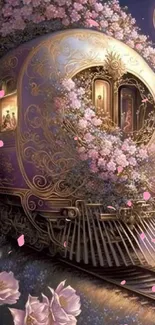 Whimsical train adorned with flowers under a full moon in purple hues.