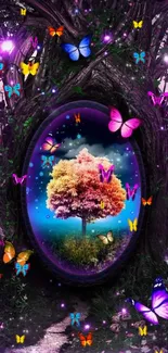 Enchanted tree with butterflies in a magical setting.