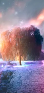 Enchanted tree underneath a vibrant sunset sky with magical colors and sparkles.