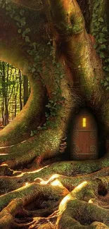 Enchanting tree with glowing door in forest wallpaper.