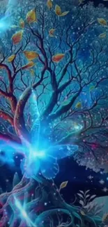 Enchanted tree with glowing elements and vibrant colors in a fantasy setting.