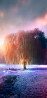 Ethereal fantasy landscape with glowing tree and vibrant colors.