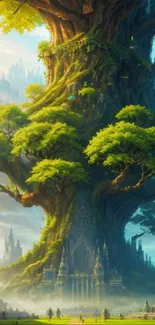 Enchanting fantasy tree with lush greenery in a mystical landscape.