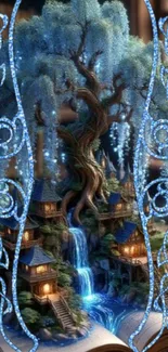 Enchanted tree with waterfalls in fantasy setting.