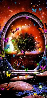 Fantasy wallpaper with a tree, butterflies, and a magical portal in vibrant colors.