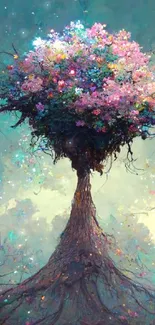 Fantasy tree with blooming flowers in a mystical forest.