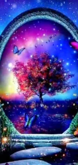 Vibrant fantasy wallpaper with enchanted tree and butterflies.