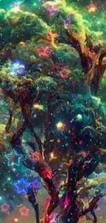 Enchanted tree with colorful stars and galaxy background.