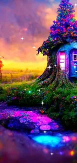 Vibrant enchanted tree house in a magical landscape with colorful sky.