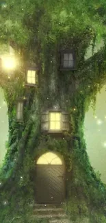 Magical tree house with glowing lanterns and lush green foliage.