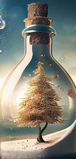 Golden tree inside a bottle with a dreamy backdrop.