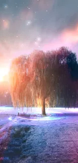 Enchanted tree with vibrant glow and mystical atmosphere in a dreamy landscape.