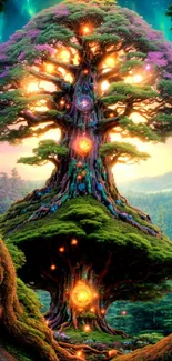 Enchanted tree glowing in mystical forest on mobile wallpaper.