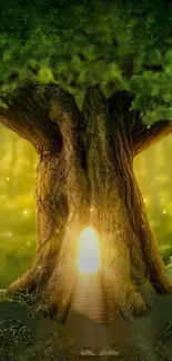 Enchanted tree with glowing portal in forest wallpaper.