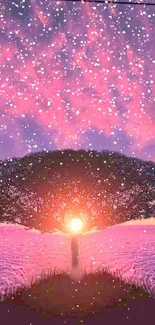 Enchanted tree under a glowing pink sky with sparkling stars.