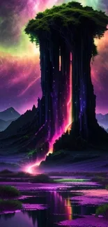 Mystical towering tree beneath a vivid, colorful cosmic sky.