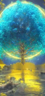 Enchanted blue-green tree with glowing aura on a mobile wallpaper.