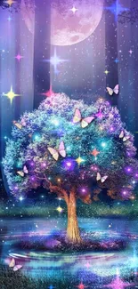 Magical tree with butterflies in moonlit forest scene.