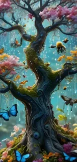 Mystical tree surrounded by butterflies and colorful blossoms.
