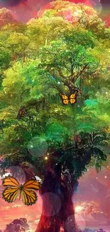 Majestic tree with butterflies in a dreamy, colorful setting.