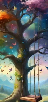 Enchanted tree with swing and butterflies in a colorful fantasy landscape.