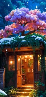 Enchanted winter treehouse glowing at night with vibrant pink foliage and snow.