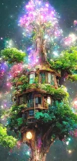 Enchanted treehouse with glowing colors in a fantasy forest setting.