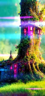 Magical treehouse in an enchanted forest with vibrant colors and whimsical atmosphere.