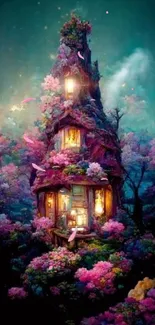 Enchanting treehouse surrounded by pink blooms at night.