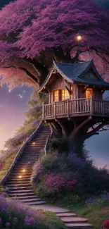 Enchanting purple tree with a treehouse and glowing pathway.