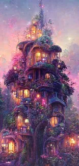 Enchanted treehouse with glowing lights in a mystical forest landscape.