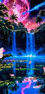 Enchanted tropical scene with vivid moonlit colors and waterfalls on a phone wallpaper.