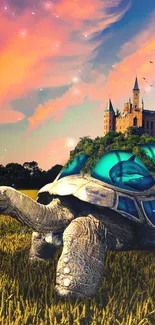 Surreal turtle with castle against sunset sky.