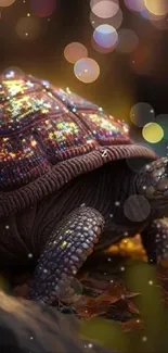 Turtle with glowing shell in a magical forest setting.