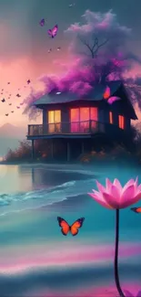 A serene wallpaper with a lakeside cabin, pink lotus, and butterflies at sunset.