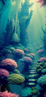 Underwater fantasy castle with vibrant corals.