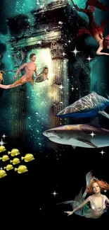 Fantasy underwater wallpaper with mermaids, sharks, and ancient ruins.