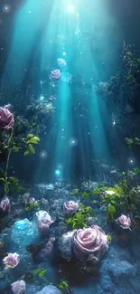 Ethereal underwater roses with beams of light.