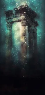 Underwater scene with ancient teal-hued ruins emerging from the depths.