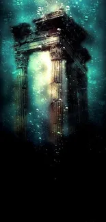 Underwater ancient pillars glimmer in serene, mystical surroundings.