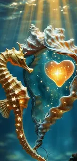 Enchanted seahorse with a glowing heart in a seashell underwater.