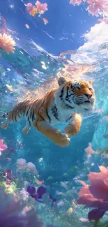 Tiger swimming underwater with flowers.