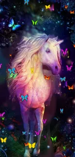 Unicorn surrounded by glowing butterflies in a mystical, midnight blue forest scene.