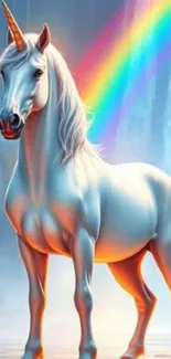 Magical unicorn with rainbow backdrop in a fantasy scene.